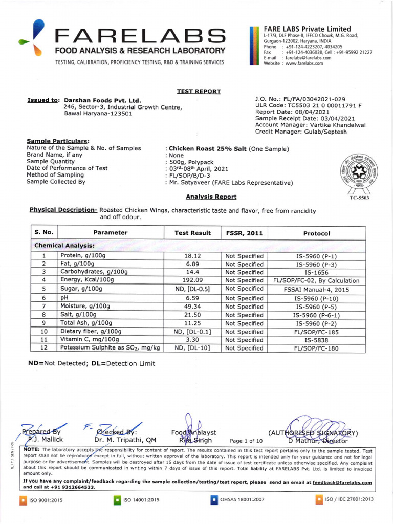 Chicken Roast 25% Salt Test Report | PDF