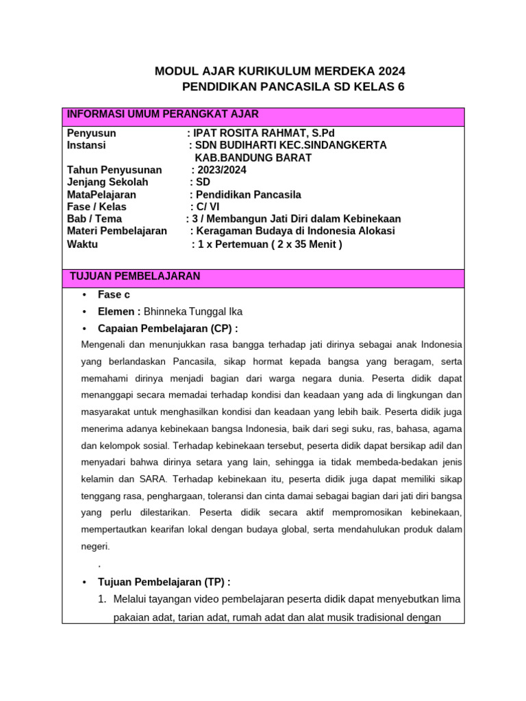 MODUL AJAR pENDIDIKAN PANCASILA SEMESTER 2 | PDF