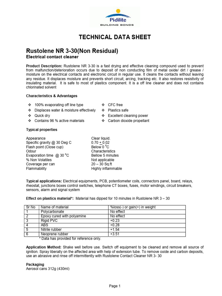 Rustolene NR 3-30 Contact Cleaner MSDS | PDF | Insulator (Electricity ...