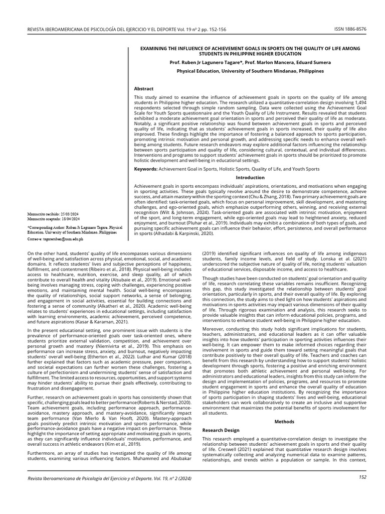 Examining The Influence of Achievement Goals in Sports On The Quality ...