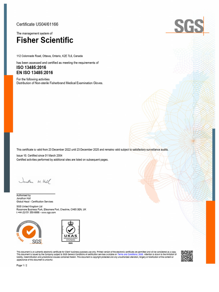 Fisher Scientific ISO 13485 2016 Certificate | PDF