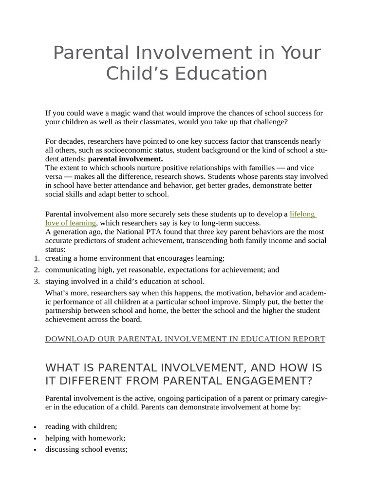 Parental Involvement in Your Child's Education | PDF