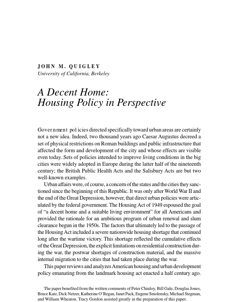 A Decent Home Housing Policy in Perspective John M. Quigley PDF