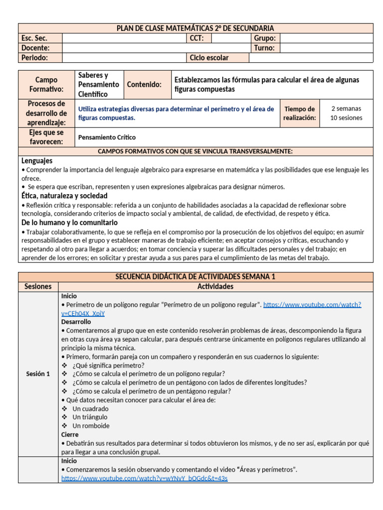 Plan Analitico Medición y Cálculo en Diferentes Contextos 2do Sec | PDF ...