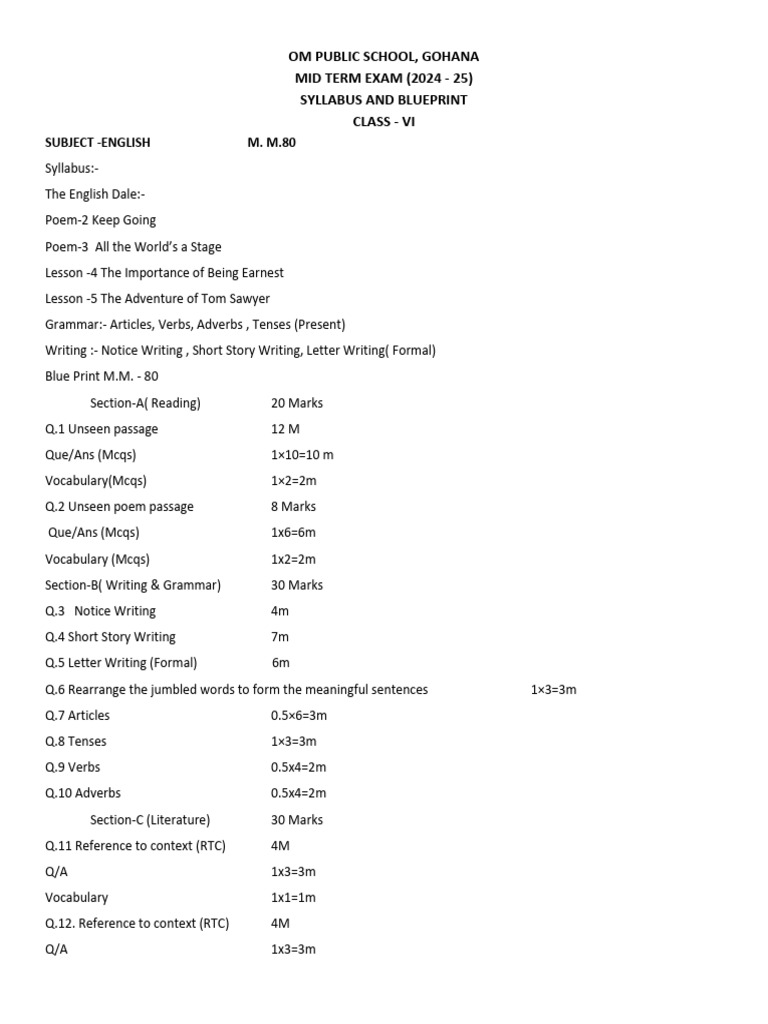 Class VI Mid Term Exam Syllabus 2024-25 | PDF | Syntax | Grammar