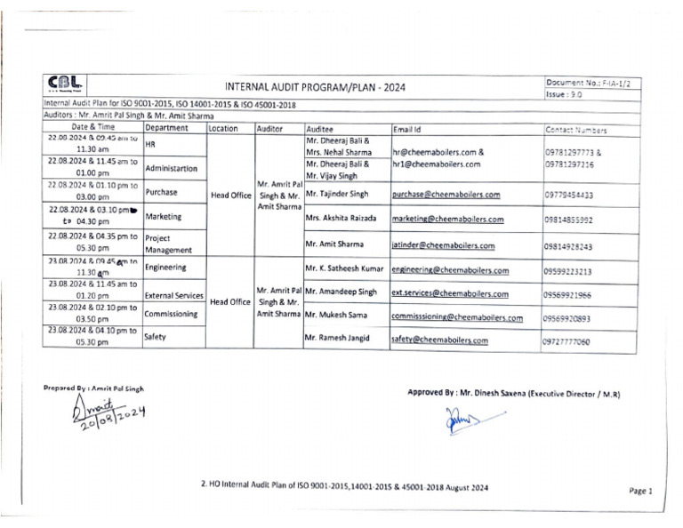 Internal Audit Plan August 2024 (Head Office) | PDF