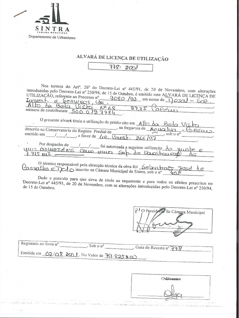 Licença de Utilização 778-2001 | PDF