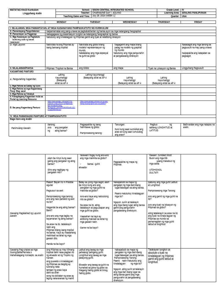 Q1 DLL WEEK 1 AralPan 4 | PDF