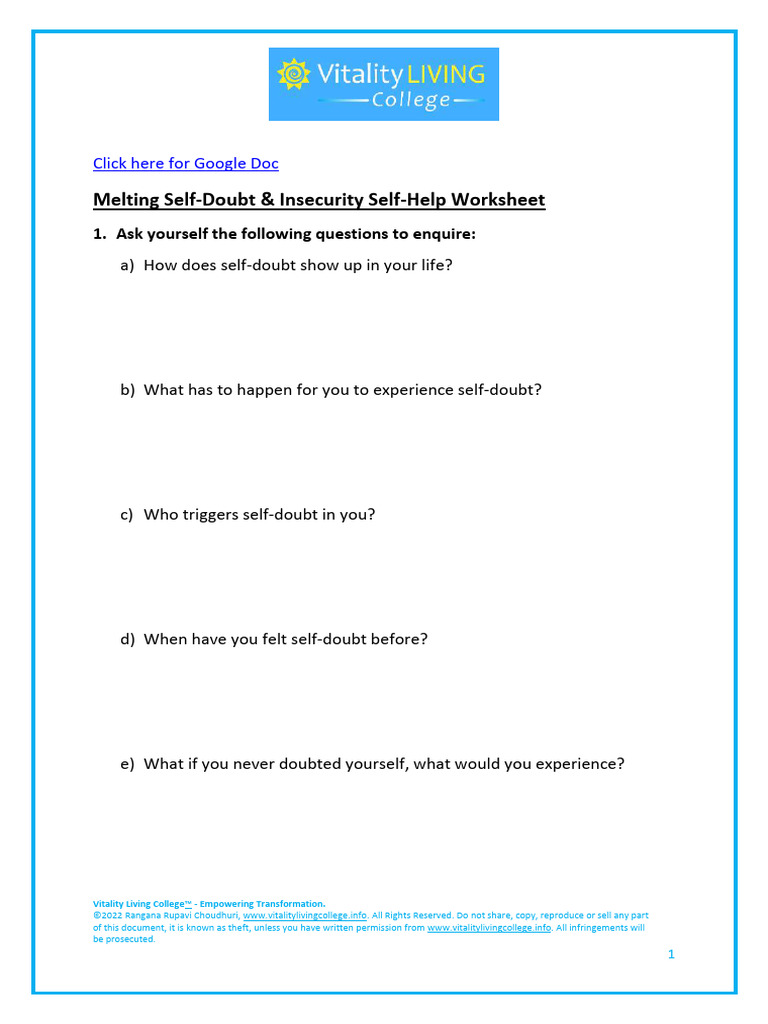 Melting Self-Doubt & Insecurity Self-Help Worksheet (Article) Author ...