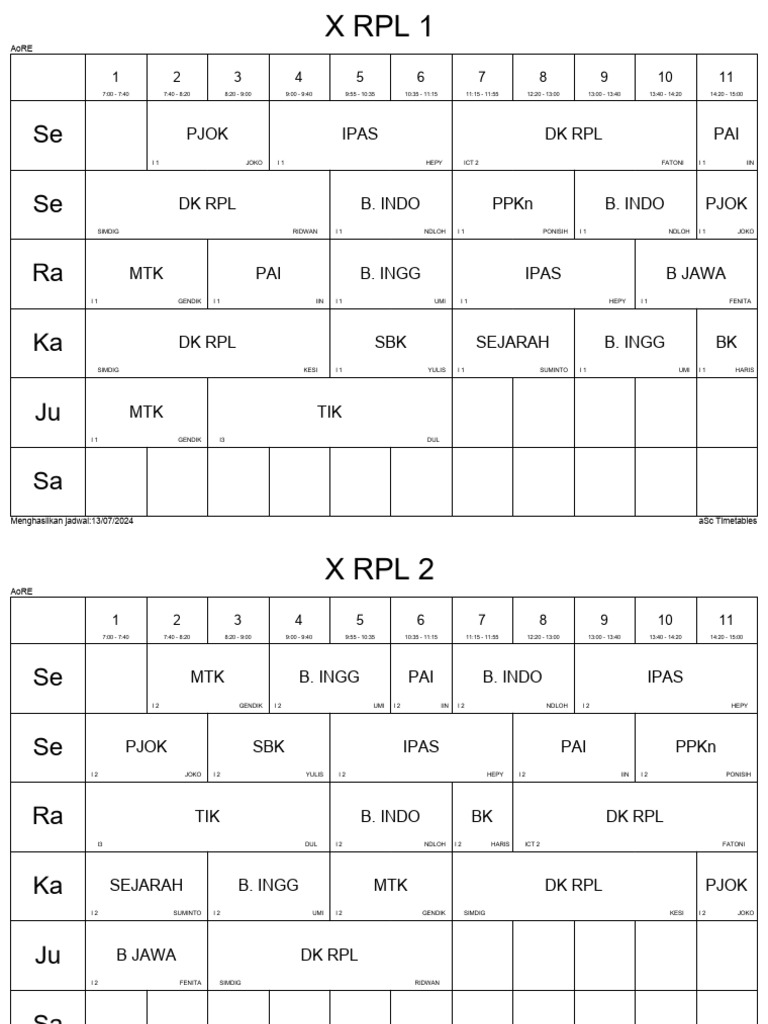 Jadwal Pelajaran RPL 2024 | PDF