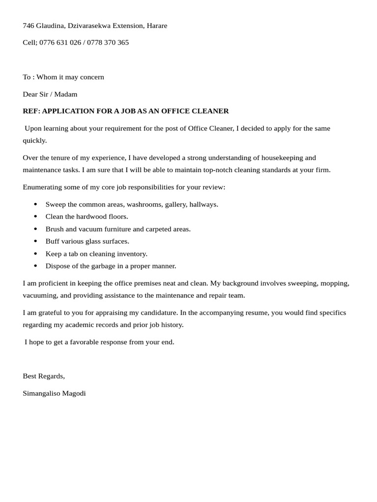Ref: Application For A Job As An Office Cleaner | PDF | Career & Growth