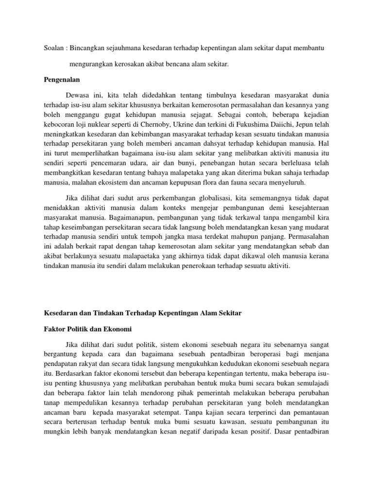 Kesedaran Kepentingan Alam Sekitar Membantu Mengurangkan Kerosakan Akibat Bencana Alam Sekitar Pdf