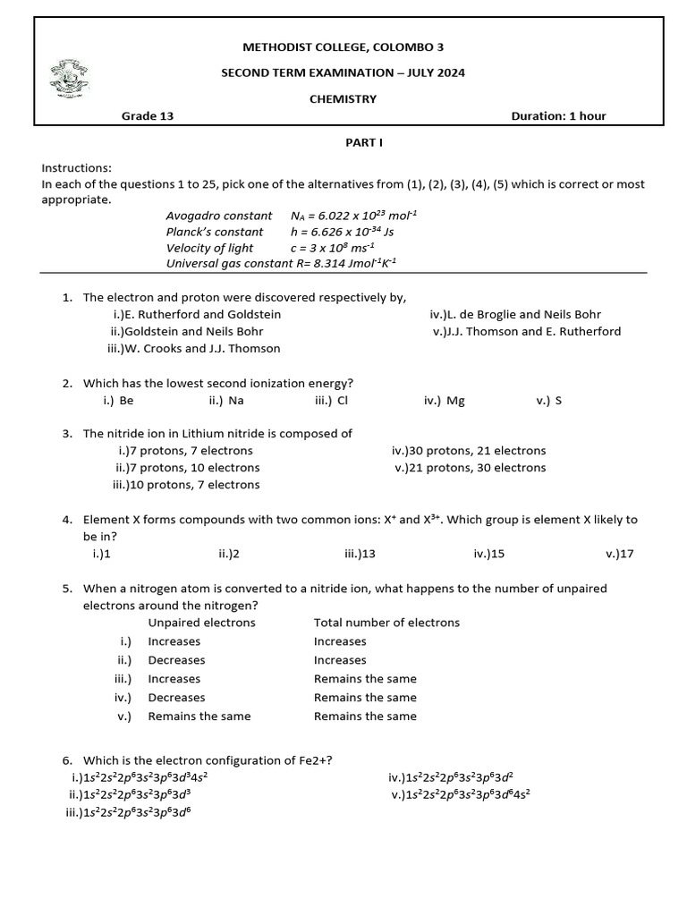 13 chemistry paper 1 second term term test pdf