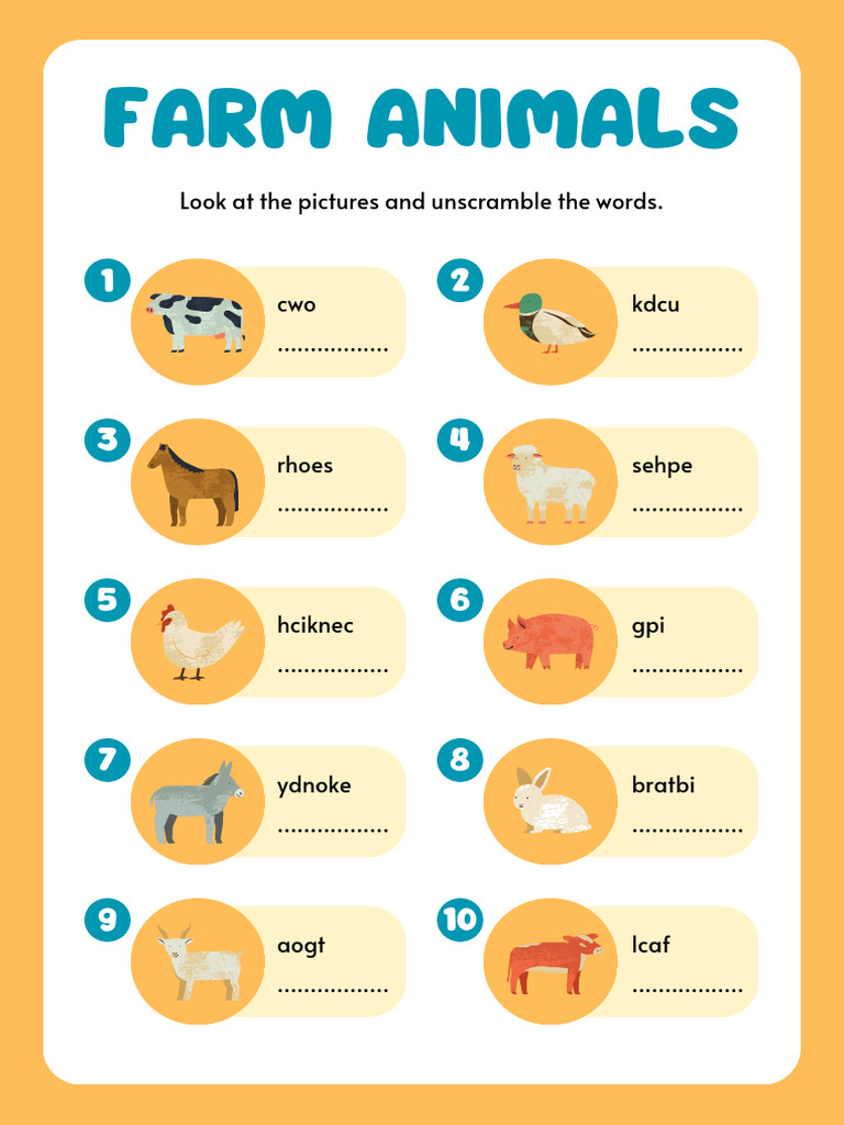 Farm Animals Worksheet in Orange Blue Illustrative Style | PDF