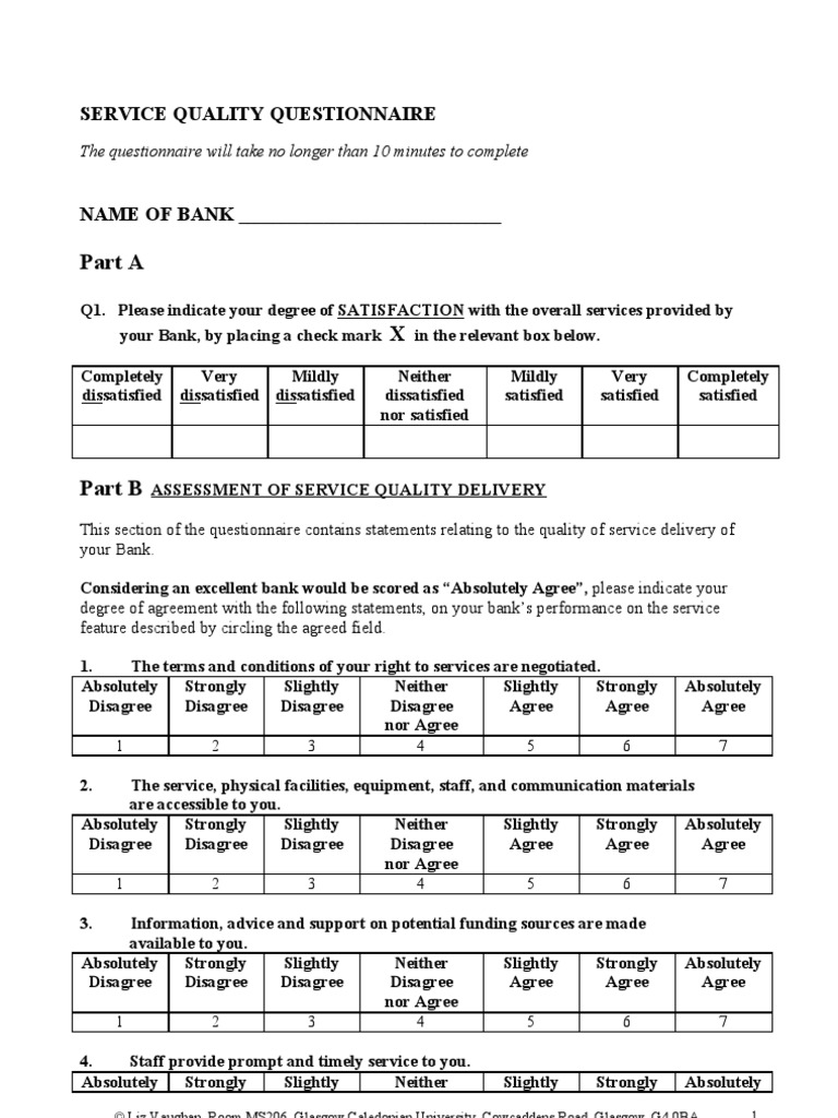 Service Quality Study Questionnaire Behavioural Sciences Psychology