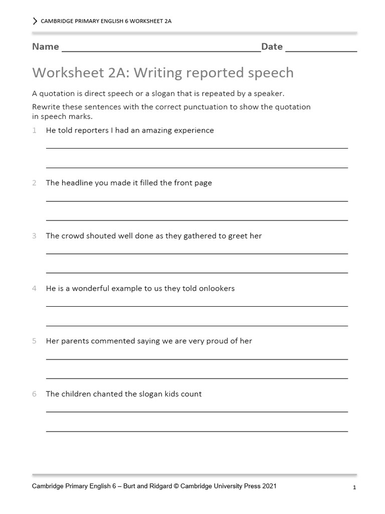 Worksheet 2A: Writing Reported Speech: Name Date | PDF