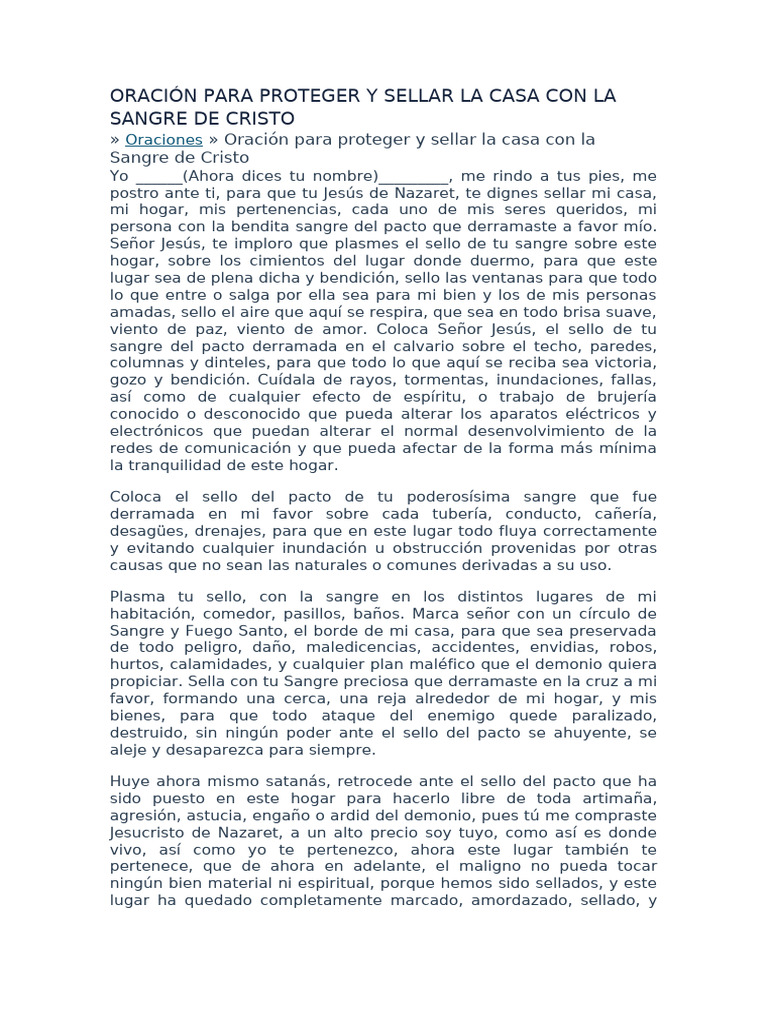 Oración para Proteger y Sellar La Casa Con La Sangre de Cristo | PDF