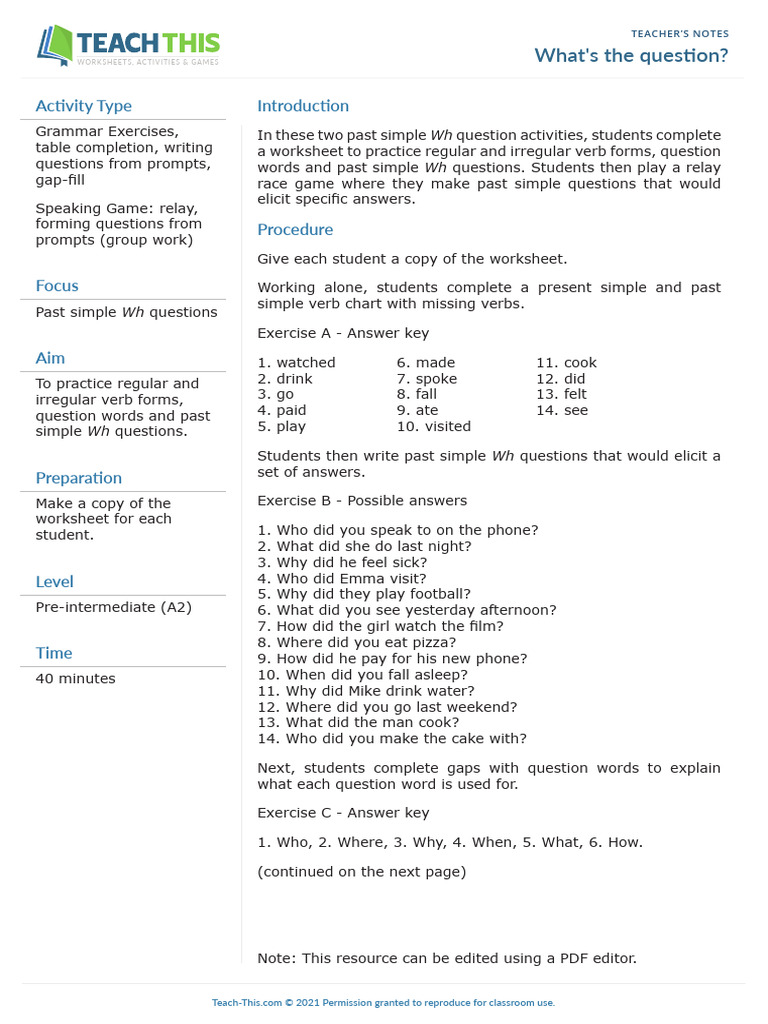 Whats the question past simple pdf