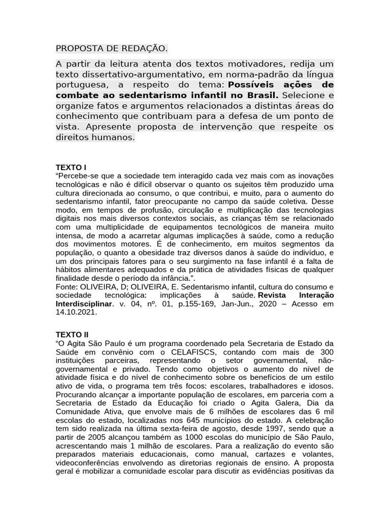 Proposta de Redação 3 Série Marco 2024 | PDF