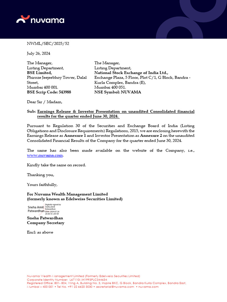 Nuvama Wealth - Press Release + Presentation | PDF