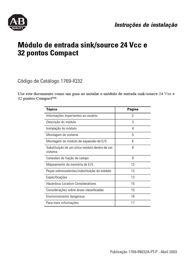 Módulo de Entrada Sink/source 24 VCC e 32 Pontos Compact: Código de ...