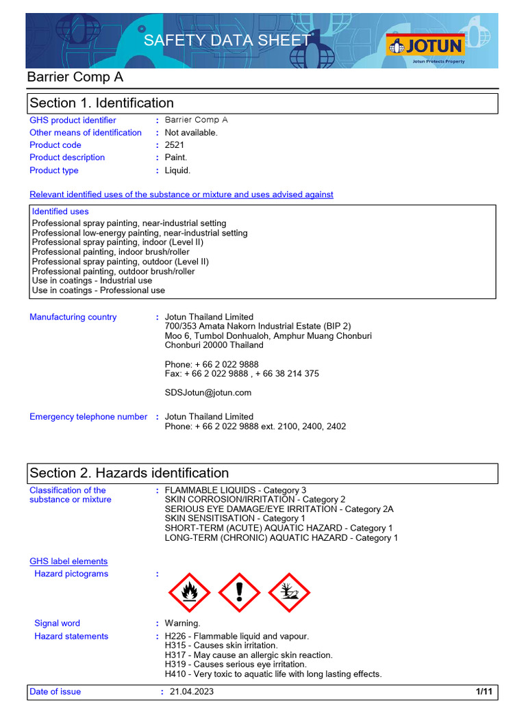 SDS 2521 Barrier Comp A Euk TH-TH TH | PDF