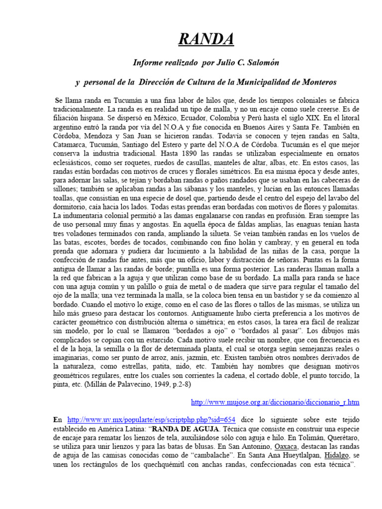 Historia y Técnica de la Randa en Tucumán | PDF | Cordón | Ropa