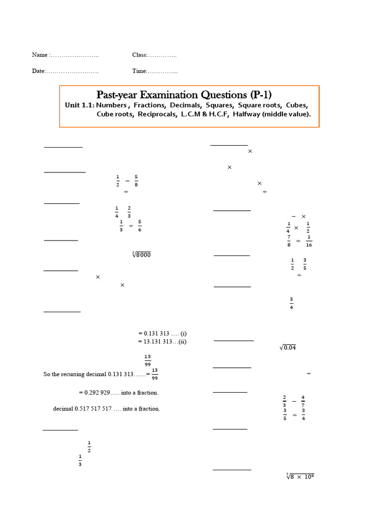 Worksheet 1 Arithmatic Numbers Fractions Decimals Pdf