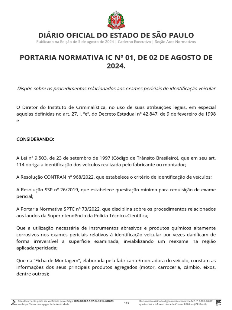 Portaria IC 01 - 2024 - Identificação Veicular Vistorias Metalográfico ...