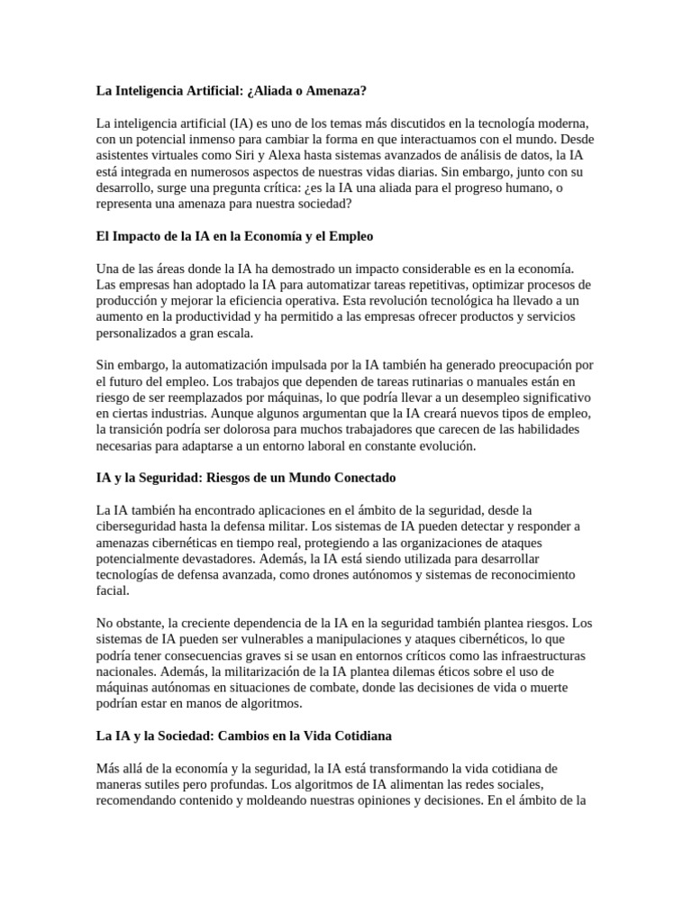 La Inteligencia Artificial Aliada o Amenaza | PDF