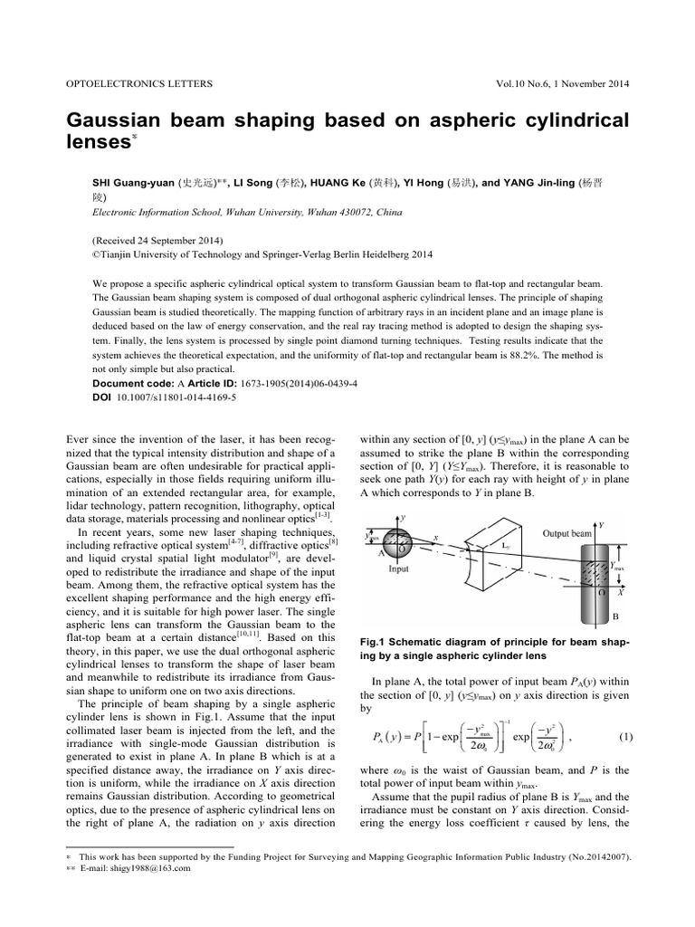 Gaussian Beam Shaping Based On Aspheric Cylindrical Lenses - Shi2014 | PDF