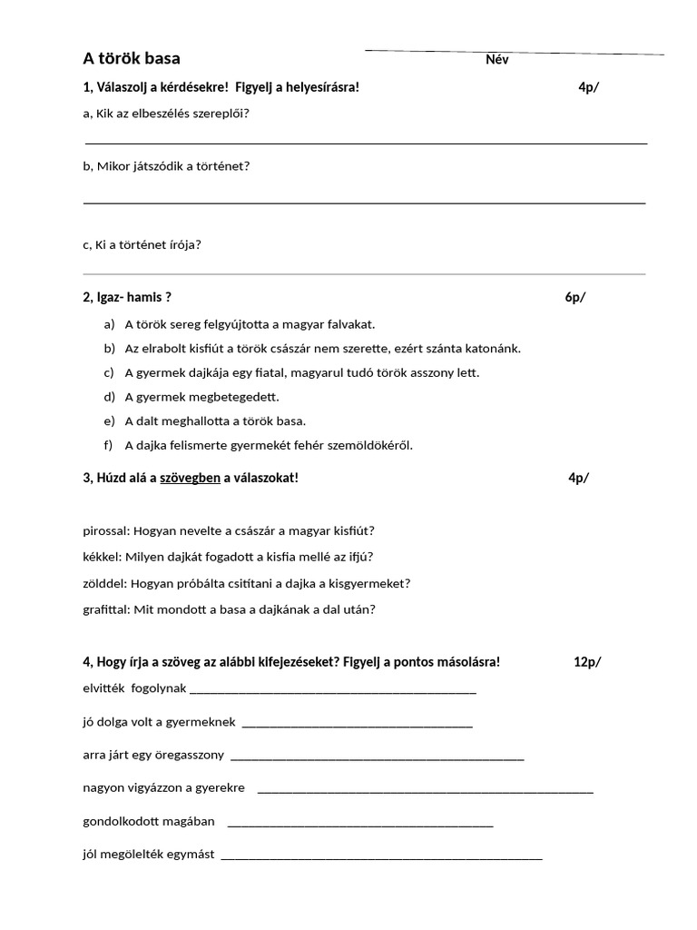 A Török Basa Feladatlap - Szövegértés Felmérés | PDF