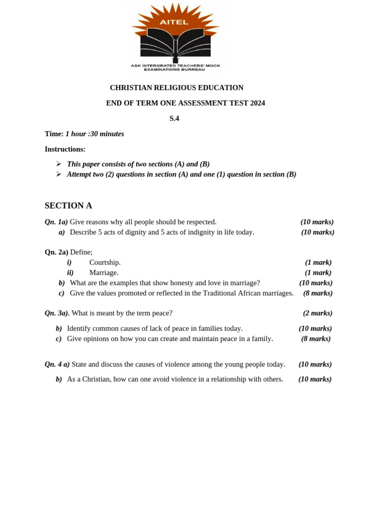 Section A: Christian Religious Education End of Term One Assessment ...
