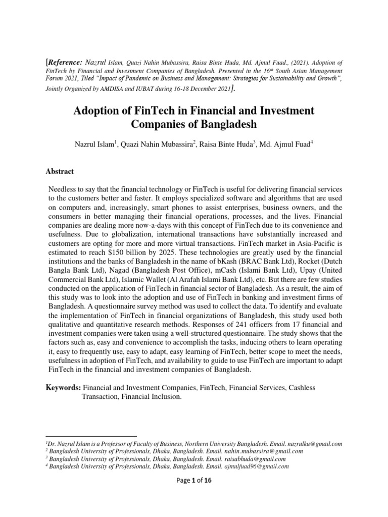 FinTech Adoption in Bangladesh's Finance Sector | PDF | Coefficient Of ...