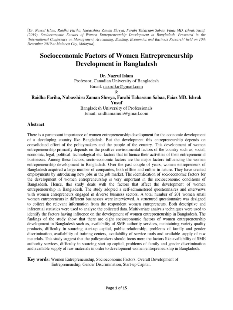 Socioeconomic Factors of Women Entrepreneurship Development in ...