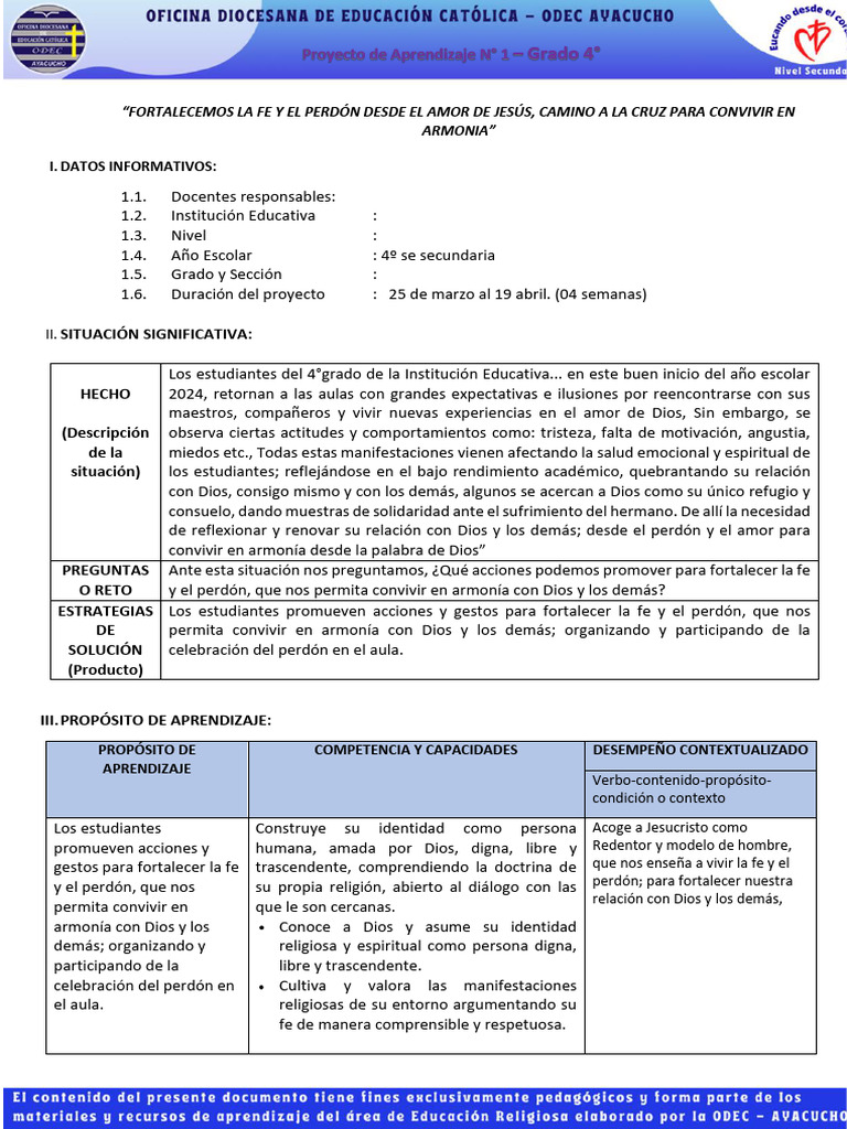 Proyecto de Aprendizaje #1 - Grado 4° | PDF