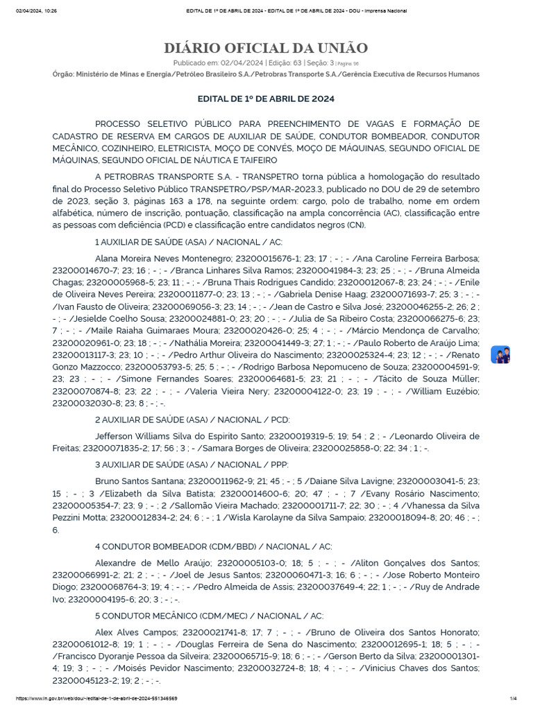 Diário Oficial Da União: Edital de 1º de Abril de 2024 | PDF