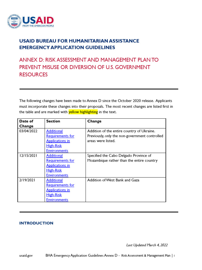 USAID-BHA EAG Annex D-Risk Assessment and Management Plan March 2022 | PDF