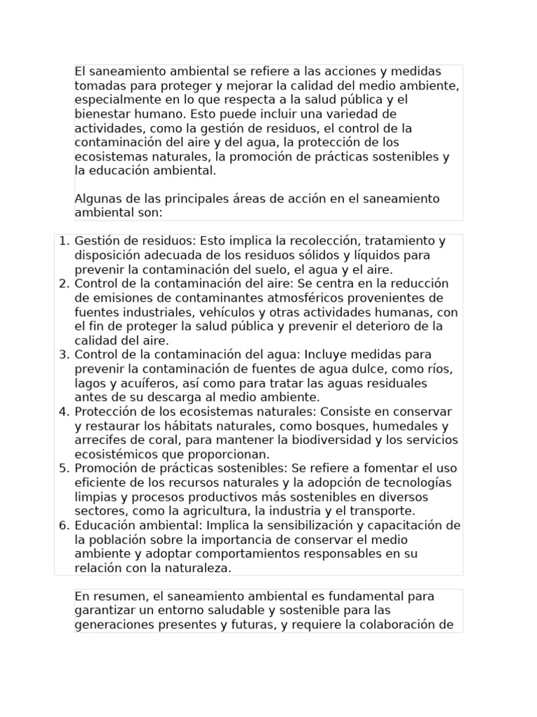 El Saneamiento Ambiental Se Refiere A Las Acciones Y Medidas Tomadas
