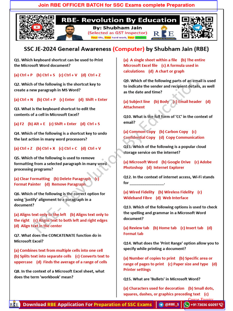 Computer Eng SSC JE 2024 Questions All Shifts RBE Compressed | PDF