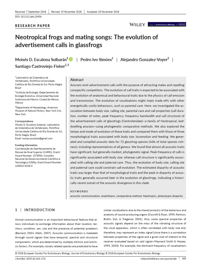 Escalona Et Al 2018 Neotropical Frogs and Mating Song The Evolution ...