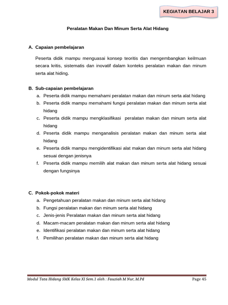 MODUL KB 3 Peralatan Makan Dan Minum Serta Alat Hidang FAUZIAH MNUR | PDF