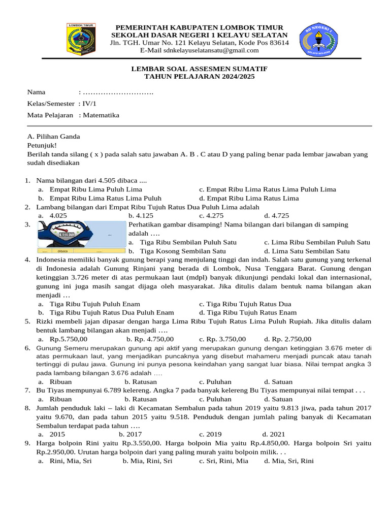 Doc Soal Sumatif Mtk Kelas 4 Pdf