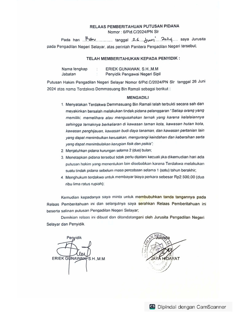 Relaas Pemberitahuan Putusan Pidana | PDF