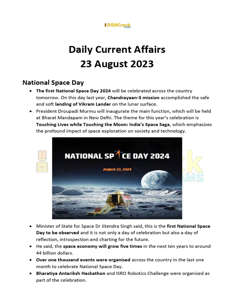 Current Affairs 23 August 2024 | PDF