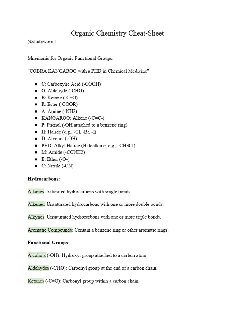 Organic Chemistry Cheat Sheet Pdf