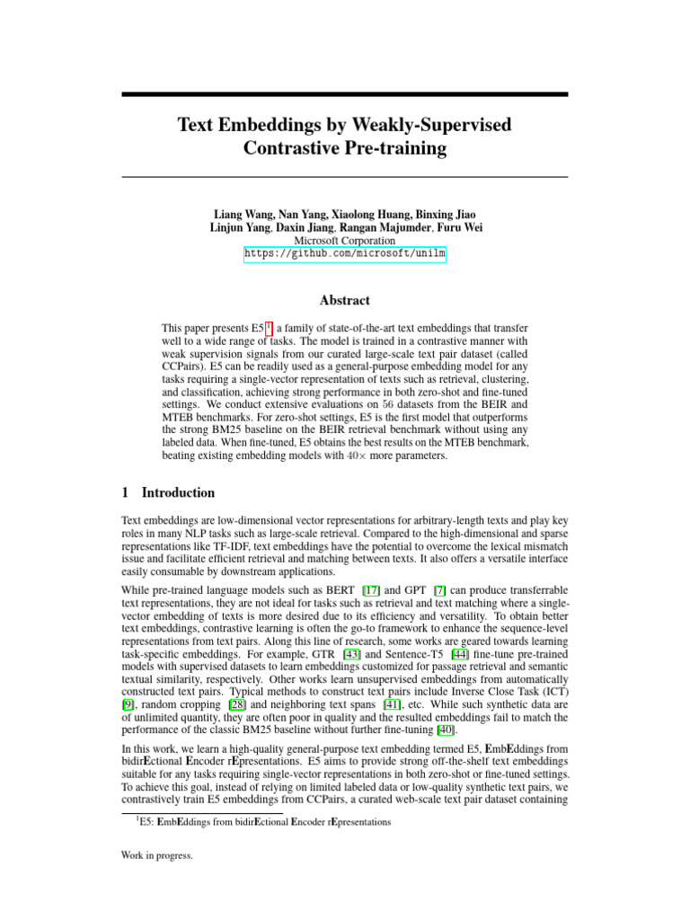 Text Embeddings by Weakly-Supervised Contrastive Pre-Training | PDF