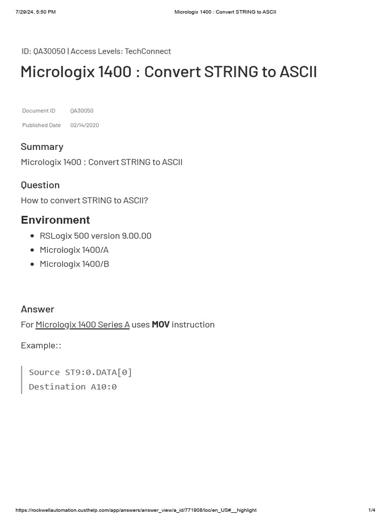 Micrologix 1400 - Convert STRING To ASCII | PDF