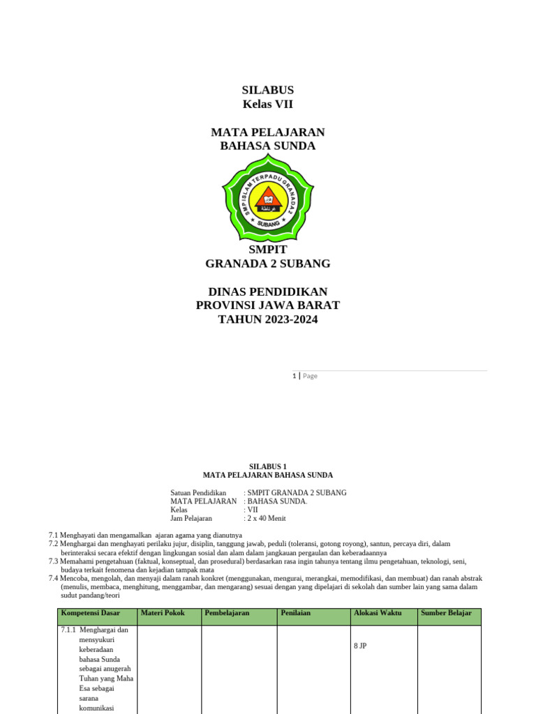 Silabus SMP Kelas Vii 2324 | PDF