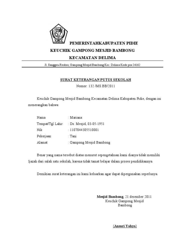 Contoh Surat Keterangan Putus Sekolah | PDF